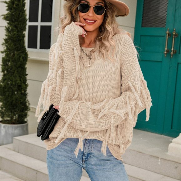 Passion of Essence Sweaters - Loose Pullover Round-Neck Tassel Long Sleeve Sweater